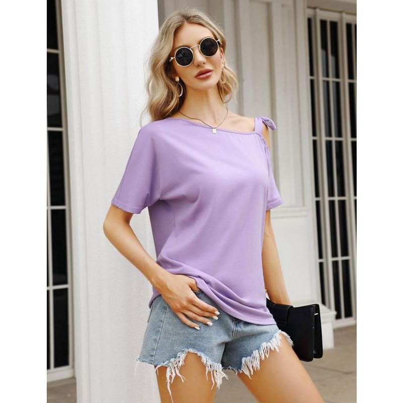 Womens Asymmetric Tee Open Shoulder Shirts One Shoulder Strape Tops Short Sleeve Tee Tops, 5 of 8
