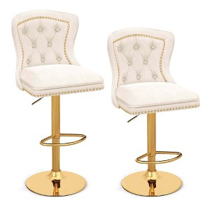 Costway Set of 2 Bar Chairs Dutch Velvet Bar Stool with Footrest Metal Base Anti-Slip Ring Pink/Beige/Grey - 1 of 4