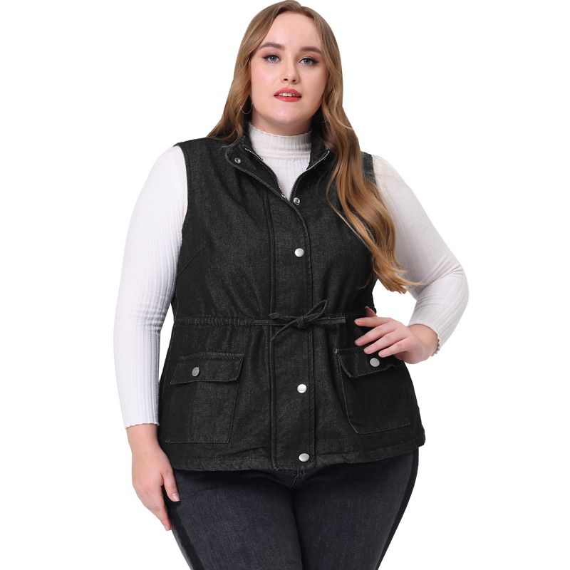 Agnes Orinda Women's Plus Size Utility Anorak Cargo Drawstring Jean Denim Jacket Vest, 4 of 7