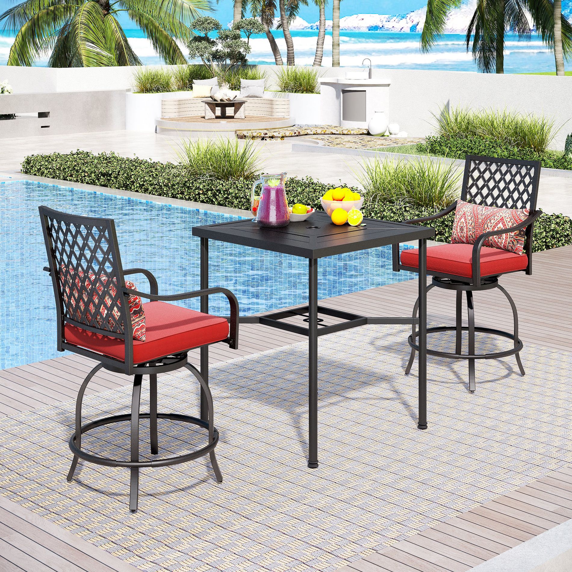Captiva Designs 3pc Outdoor Patio Metal Bar Height Table with Straight Legs & Bar Swivel Chair with Cushion and Pillow
