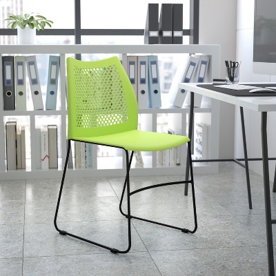 Green Metal Armless Stacking Chair with Perforated Back