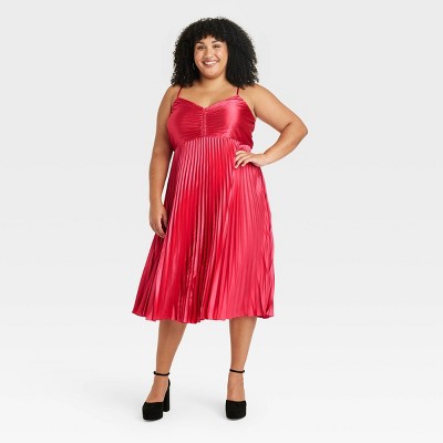 Women's Pleated Satin Midi A-Line Dress - Ava & Viv™ Pink 4X