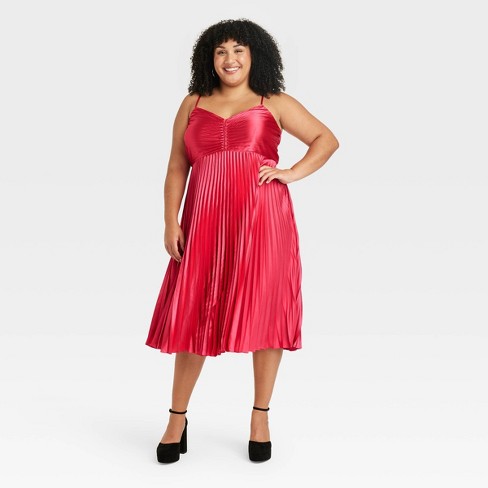 Women's Pleated Satin Midi A-line Dress - Ava & Viv™ Pink 4x : Target