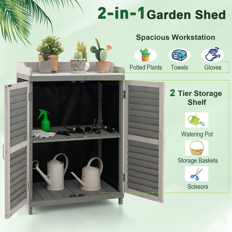 Tangkula Wooden Garden Potting Bench Table Outdoor Storage Cabinet with Metal Plated Tabletop 2 Storage Shelves, 4 of 10