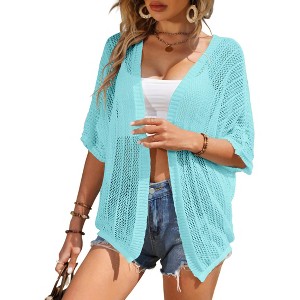 Womens Short Sleeve Cardigan Beach Cover Up Hollow-Out Sweater Cardigan Batswing Sleeve Cover Up Lightweight Cardigan - 1 of 4