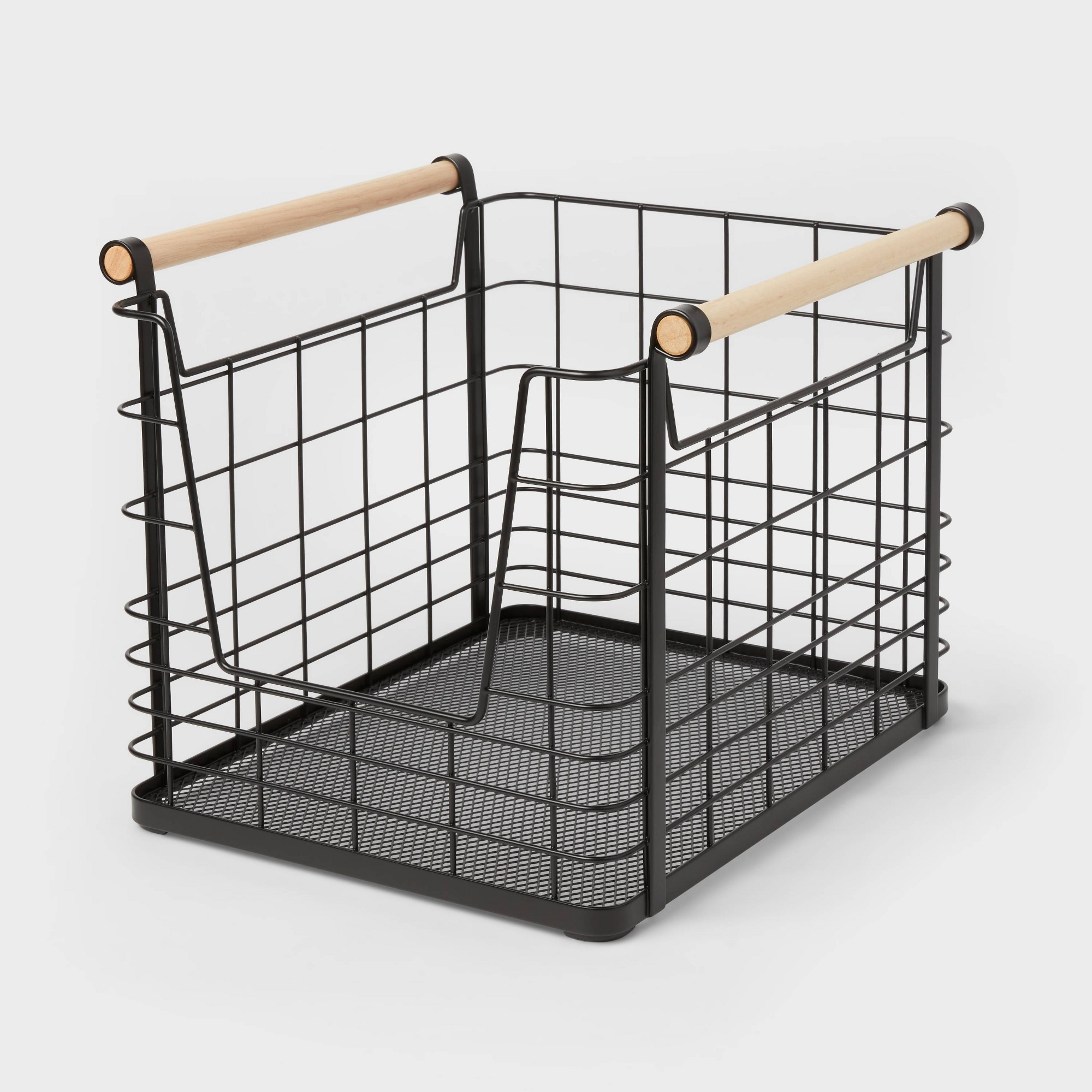 Wire Open Front Basket Black with Natural Wood Handles