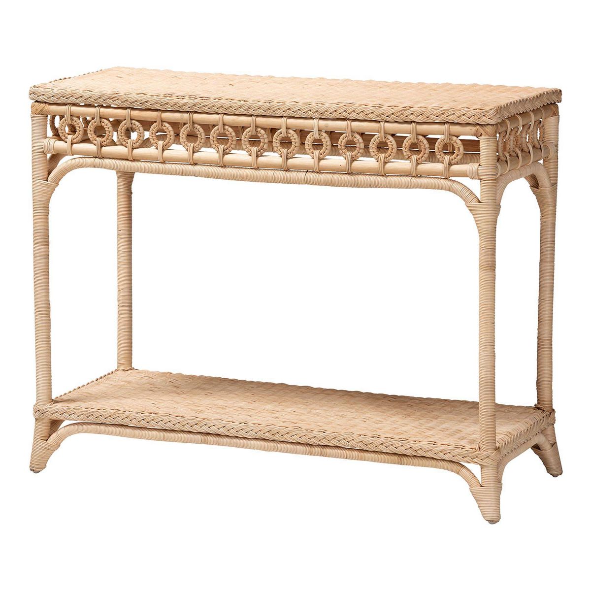 bali & pari Oxford Braided Natural Rattan Console Table with Open Shelf Natural Brown