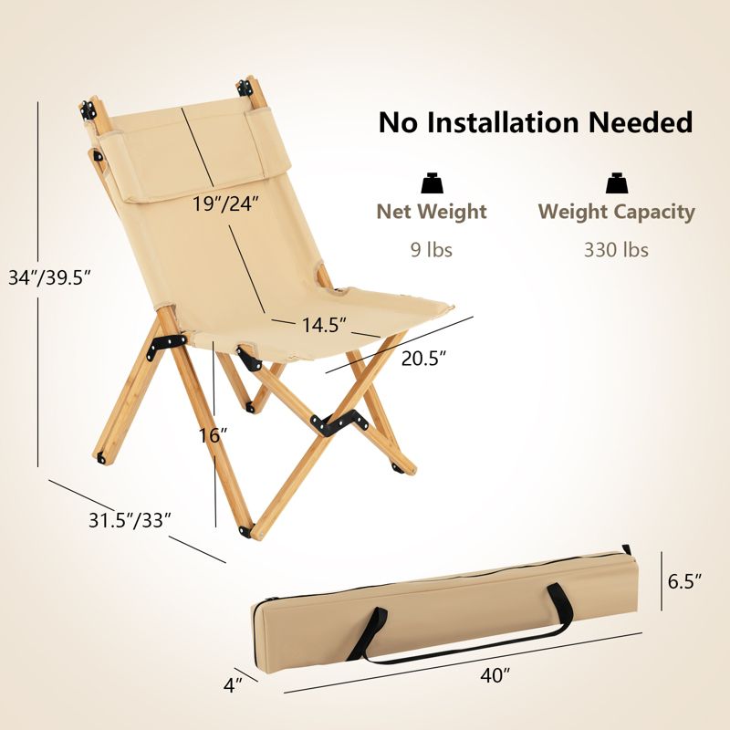 Tangkula 1PC/2PCS Folding Camping Chair Bamboo Wood Beach Chair with Breathable Canvas 2-Level Adjustable Backrest Portable Folding Chair with Carrying Bag, 4 of 9