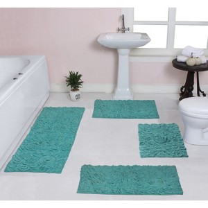 Bell Flower Collection Bath Rugs, Extra Soft and Absorbent, Non-Slip Bath Mats, Machine Washable Bathroom Mats, 4 Pcs Set with Runner, Turquoise - 1 of 4