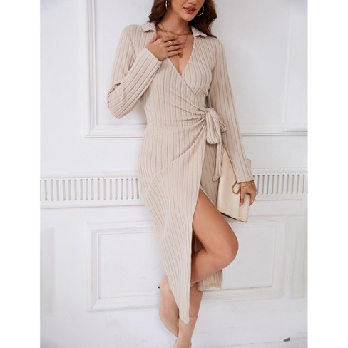 Missky Women s Knit Wrap Slit Mid Dress V Neck Long Sleeve Tied Bodycon Sweater Dress Oatmeal S Target