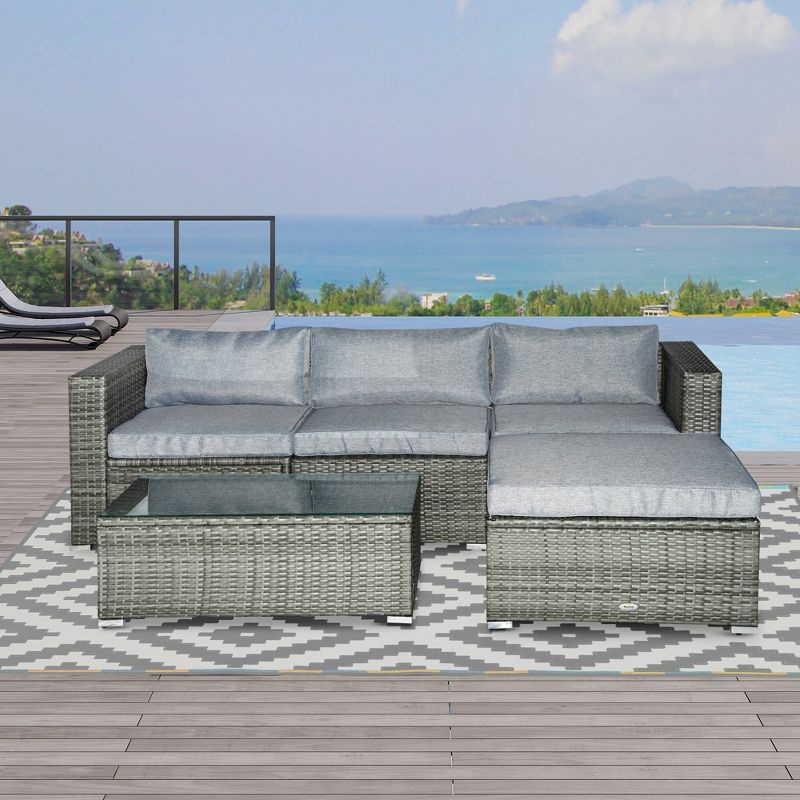 Outsunny 5-Piece Outdoor Sectional Furniture, Patio Sofa Set, PE Wicker Couch, Cushions, Pillows, Ottoman, Coffee Table, 2 of 7