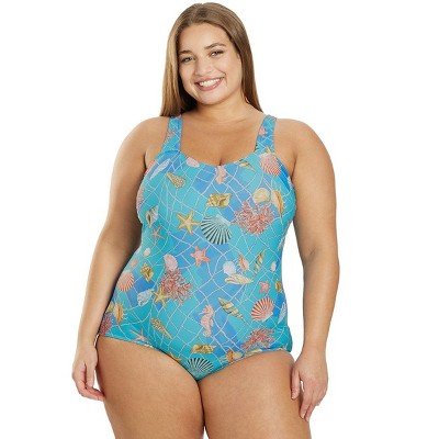 Sporti Plus Size Caribbean Sea Moderate Printed Sweetheart One Piece Swimsuit