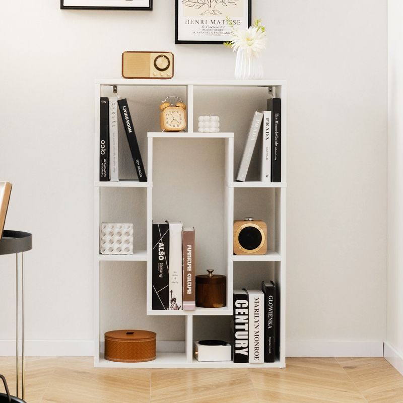 Tangkula 35.5” Geometric Bookshelf Open-back Bookcase w/ 7 Cubes Free-standing Storage Shelf Unit w/ Anti-Toppling Devices Gray/Natural/White, 2 of 10