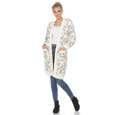 Women's Leopard Print Open Front High Pile Fleece Coat - White Mark