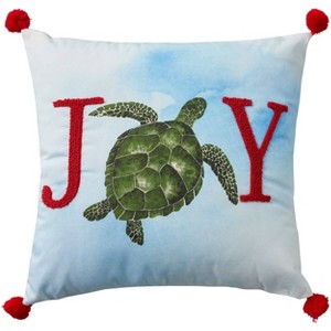18"x18" Holiday Joy Sea Turtle Indoor Square Throw Pillow - Mina Victory: Nautical Coastal Decor, Pom Poms - 1 of 4