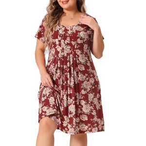 Agnes Orinda Women's Plus Size Floral Inverted Box Pleat Boho T-Shirt Dresses - 1 of 4