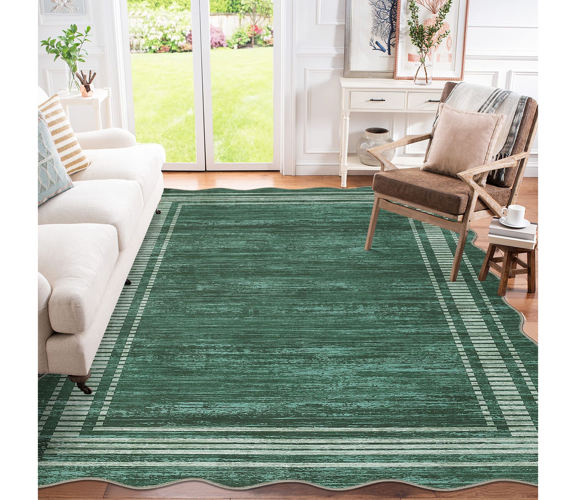 9x12 Scalloped Area Rug - Modern Neutral Washable Carpet, Non-Slip Low-Pile Farmhouse Rug, Soft Rug for Living Room Bedroom Nursery Dorm Apartment