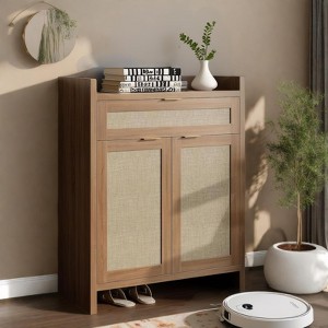 Farmhouse Rattan Shoe Cabinet with Storage,32.4’’ Boho Style Shoe Organizer Storage Cabinet with Shelves & Doors, 5-Tiers Wooden Shoe Rack Cabinet - 1 of 4