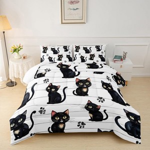 Black & White Adorable Cat Print Fall/Winter Comforter Set - Cat and Animal Theme Includes 1 Comforter and 2 pillowcases - 1 of 4