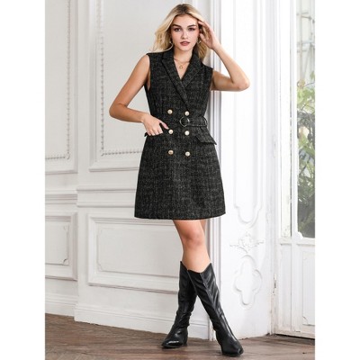 Женские платья INSPIRE CHIC Women's Sleeveless Tweed Collared Belted Button Down Work Blazer Dress Black Small — фото 2