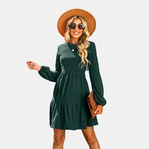 Women's Red/Green Festive Ribbed Tiered Babydoll Long Balloon Sleeves Dress - Cupshe - 1 of 4