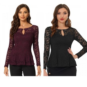 INSPIRE CHIC Women's Floral Lace Front Peplum Hem Keyhole Sheer Long Sleeve Blouse 2 Pieces - 1 of 4