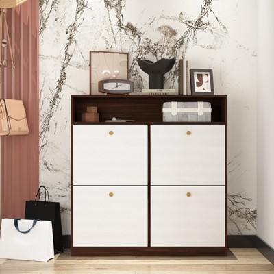 MAYEERTY Shoe Storage Cabinet with 4 Flip Drawers, Wooden Handle Freestanding Rack with Anti-tip Fitting for Entryway/Hallway