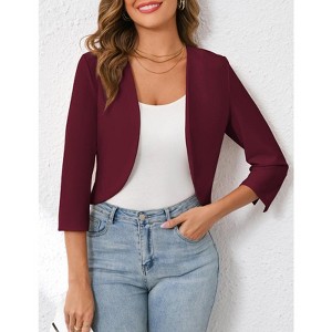 Womens Cropped Blazer Casual Business 3/4 Sleeve Collarless Open Front Cardigan Work Jacket Shrug - 1 of 4