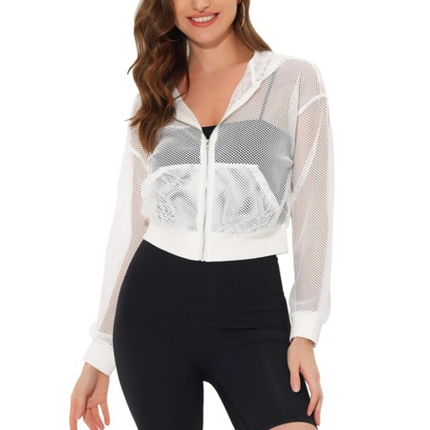 INSPIRE CHIC Women's Zip Up Fashion Mesh Sheer Hoodie Bomber Jackets with Pocket Medium White