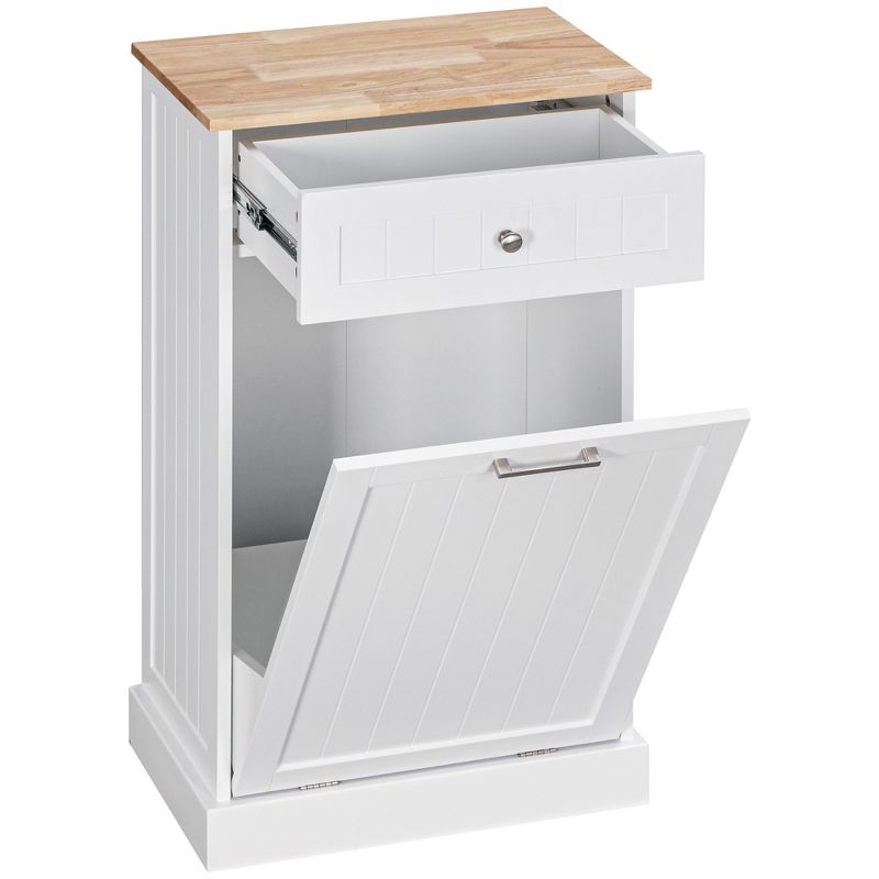 HOMCOM Kitchen Tilt Out Trash Bin Cabinet Free Standing Recycling Cabinet Trash Can Holder With Drawer, White, 1 of 7
