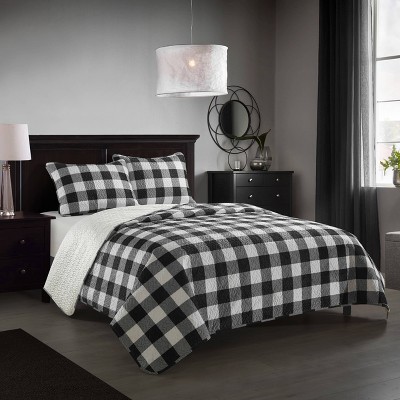 King 3pc Buffalo Plaid Quilt Set Black/White - Dearfoams