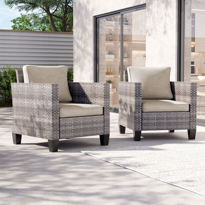 Sonkuki 2PCS Patio Single Sofas Outdoor Wicker Rattan Furniture Set w/ Soft Cushions for Garden Yard Porch