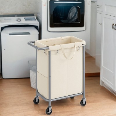2-Section Rolling Laundry Basket Storage with Wheels, 37 Gallons Laundry Hamper, Removable Liner, Steel Frame with Handle, 27.2 x 15.4 x 31.9 Inches