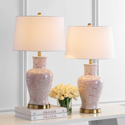 Calli Pink and White Ceramic Table Lamp Set with Brass Base