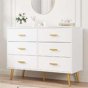Whizmax White 6 Drawer Dresser with Storage Space, Modern Wooden Dresser with Gold Handles, Chest Dresser with Deep Drawers for Bedroom, Living Room - 1 of 4