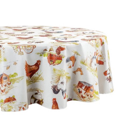 Vintage Rooster Farm Multicolor Vinyl Round Tablecloth with Flannel Backing