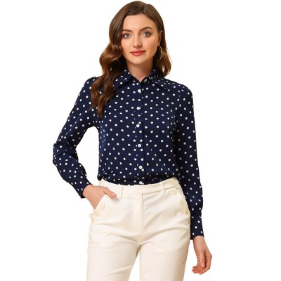 Allegra K Women's Collar Long Sleeve Polka Dots Blouse Button Down Shirt