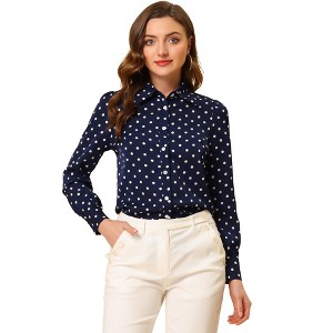 Allegra K Women's Collar Long Sleeve Polka Dots Blouse Button Down Shirt - 1 of 4