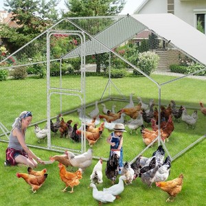 Metal Chicken Coop with Spire Roof, Walk-In Chicken Run with Double Doors, Waterproof & Anti-UV Cover, Outdoor Poultry Cage for Backyard Farm Use - 1 of 4