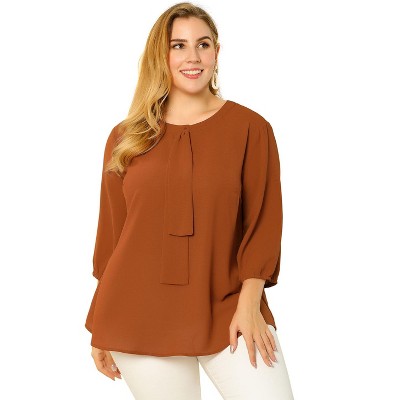 Agnes Orinda Women's Plus Size Stylish Tie Neck 3/4 Ruffle Sleeves Work Office Blouses