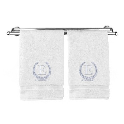 BC BARE COTTON Monogrammed Hand Towel, 100% Turkish Cotton - Set of 2 - White - Silver Wreath