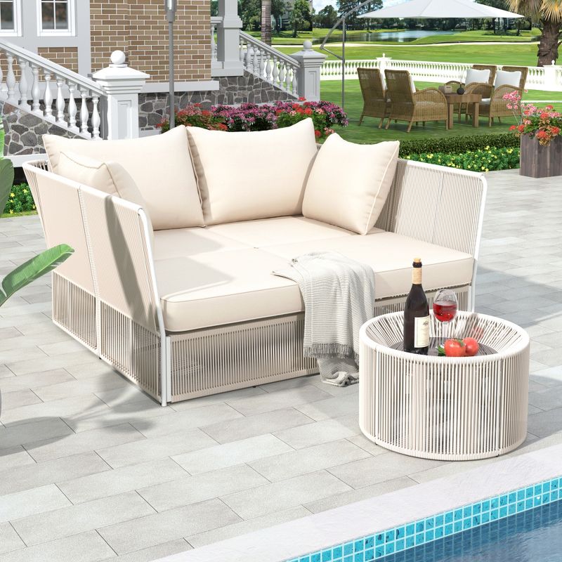 2 PCS Outdoor Sunbed Loveseat, Patio Daybed Double Chaise Lounger with Tempered Glass Coffee Table 4M -ModernLuxe, 1 of 14