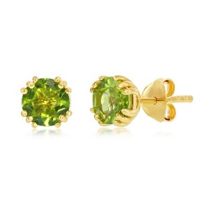Simona Sterling Silver 'August Birthstone' 6mm Round Gem, Gold Plated Stud Earrings - Peridot (1.7cttw) - Green - 1 of 2