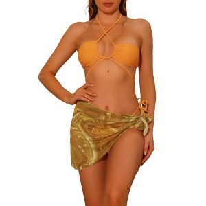 Elerevyo Women's Bandeau O Ring Cinched Strapless with Sarong Cover-Ups Beach Skirt Bathing Suit 3Pcs - 1 of 4