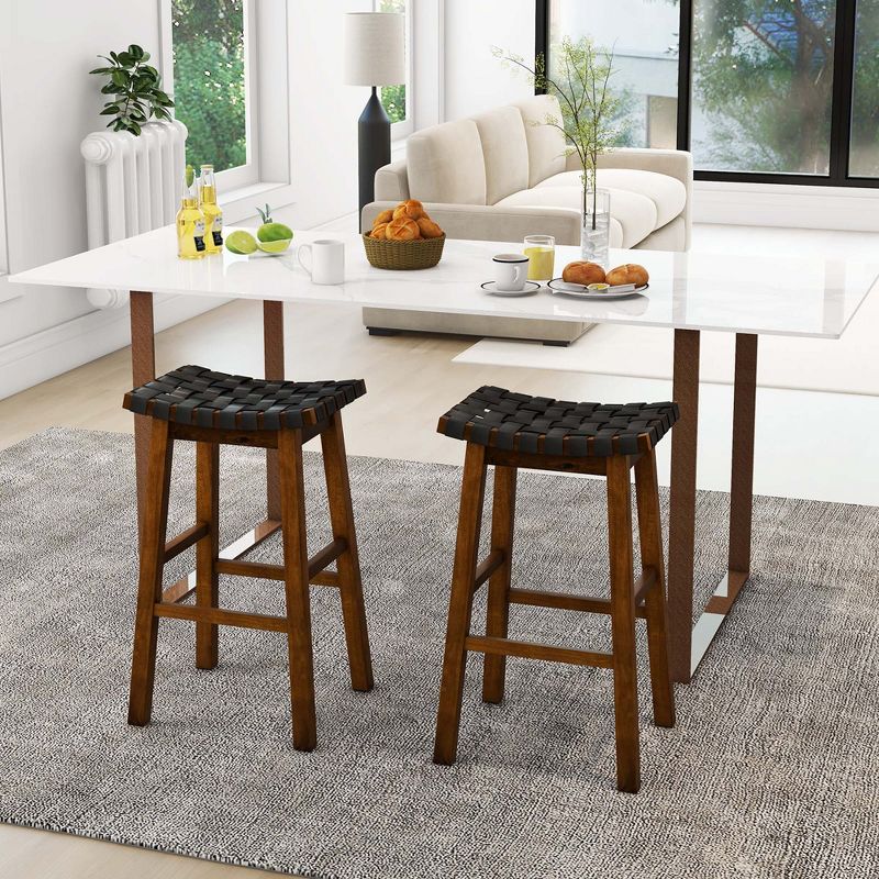 Costway Woven Saddle Stools Set of 2 Faux PU Leather Counter Height Kitchen Stool, 4 of 9