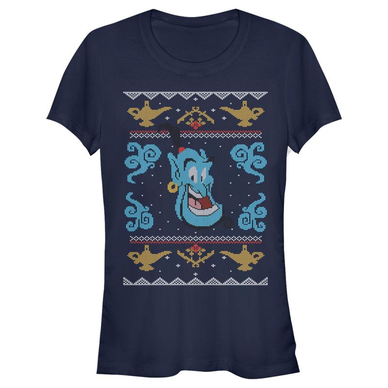 Juniors Womens Disney Aladdin Genie Christmas Sweater T-Shirt, 1 of 5
