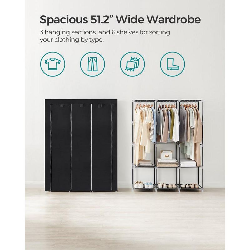 SONGMICS Portable Closet Clothes Wardrobe Organizer with Corver Clothing Rack with 3 Hanging Rods and Shelves Room, 4 of 10
