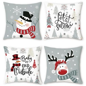 Winter Christmas Throw Pillow Covers 18x18 Inch Snowman Reindeer Xmas Trees Snowflakes Let It Snow Grey - 1 of 4