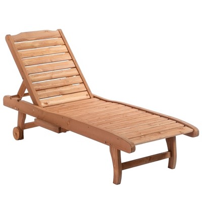 Outdoor Chaise Lounge Pool Chair, Built-In Table, Reclining Backrest for Sun tanning/Sunbathing, Rolling Wheels, Red Wood Look