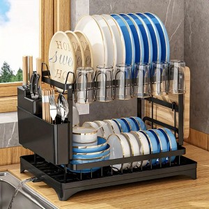 Sevobal Utility Storage Shelves, Multifunctional Dish Drying Rack with Drainboard, 2-Tier Dish Racks for Kitchen Counter, Black, 16.6"*12"*13" - 1 of 4